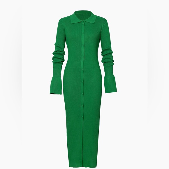 Shell Sleeve Ribbed Buttons Down Maxi Dress - Picture 3 of 8